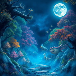 An enchanting scene depicting a blue moon shining brightly in a fantastical landscape