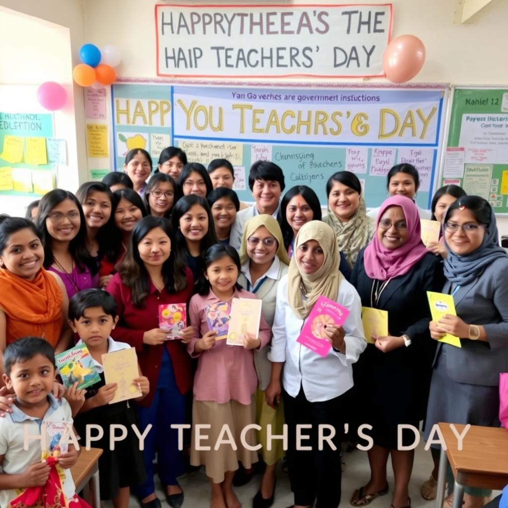 A heartwarming scene celebrating Teachers' Day in a government institution, showcasing a diverse group of teachers from various backgrounds, wearing professional attire