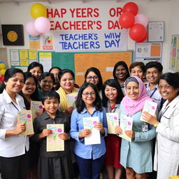 A heartwarming scene celebrating Teachers' Day in a government institution, showcasing a diverse group of teachers from various backgrounds, wearing professional attire