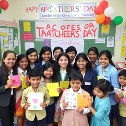 A heartwarming scene celebrating Teachers' Day in a government institution, showcasing a diverse group of teachers from various backgrounds, wearing professional attire