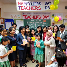 A heartwarming scene celebrating Teachers' Day in a government institution, showcasing a diverse group of teachers from various backgrounds, wearing professional attire