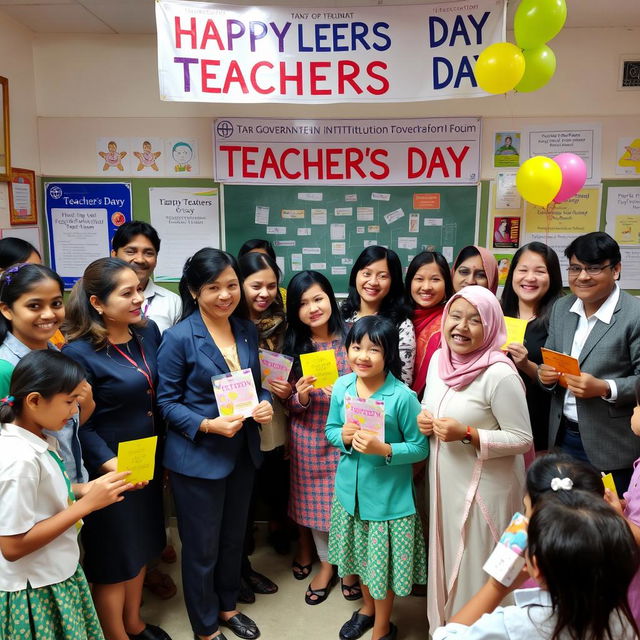 A heartwarming scene celebrating Teachers' Day in a government institution, showcasing a diverse group of teachers from various backgrounds, wearing professional attire