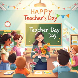 A vibrant and colorful illustration celebrating Teacher's Day featuring a beautiful classroom ambiance with cheerful decorations and an inspiring blackboard