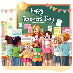 A vibrant and colorful illustration celebrating Teacher's Day featuring a beautiful classroom ambiance with cheerful decorations and an inspiring blackboard