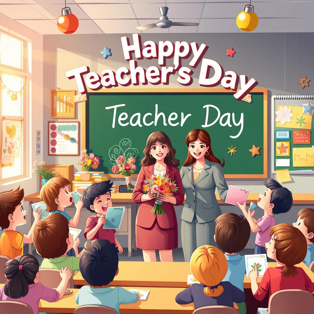 A vibrant and colorful illustration celebrating Teacher's Day featuring a beautiful classroom ambiance with cheerful decorations and an inspiring blackboard