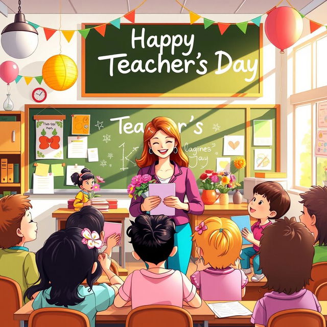 A vibrant and colorful illustration celebrating Teacher's Day featuring a beautiful classroom ambiance with cheerful decorations and an inspiring blackboard