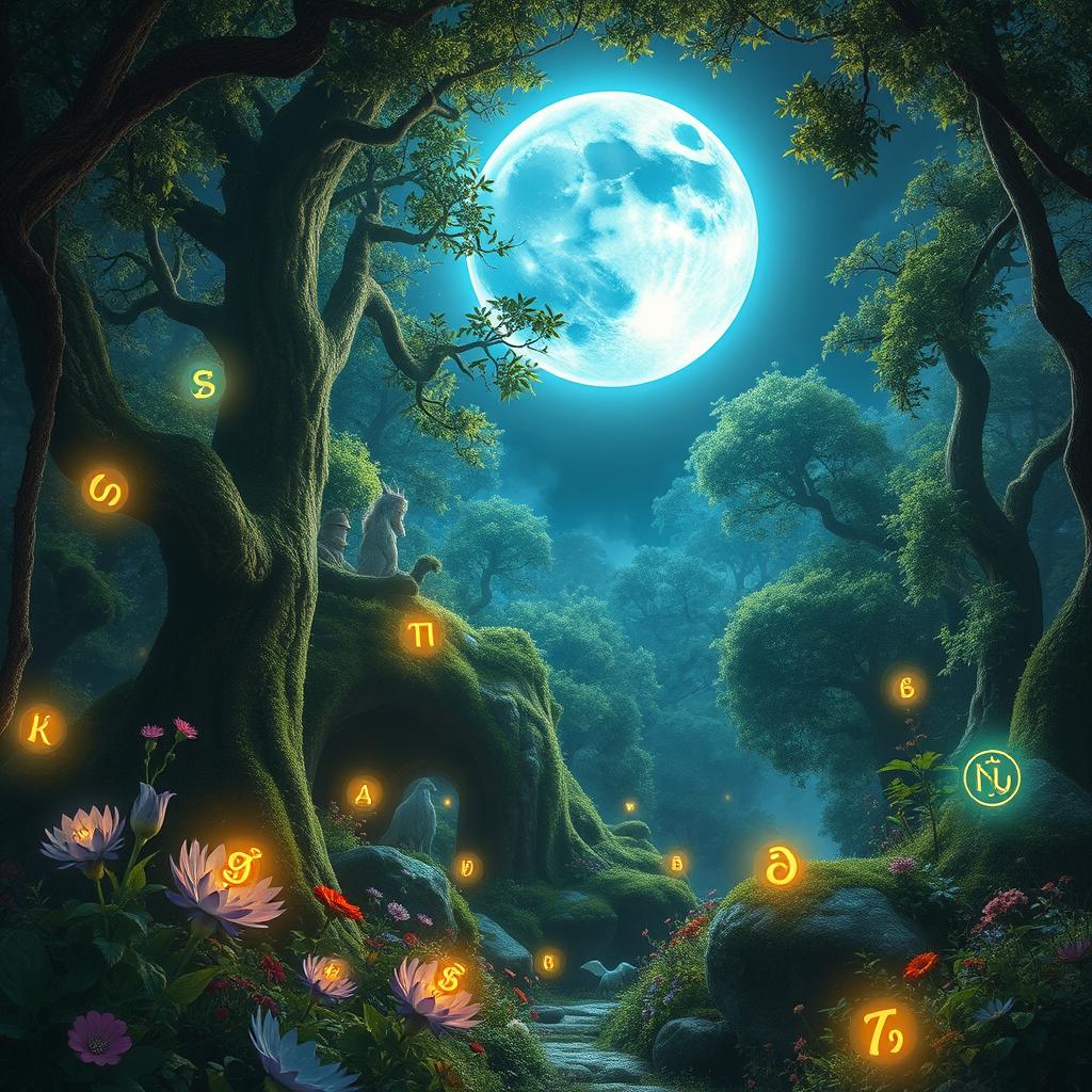 An enchanting scene featuring a radiant blue moon illuminating a mystical enchanted forest