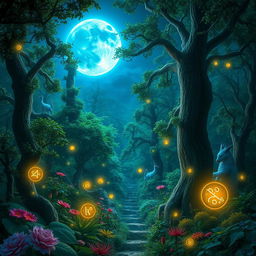 An enchanting scene featuring a radiant blue moon illuminating a mystical enchanted forest