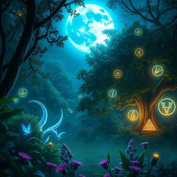 An enchanting scene featuring a radiant blue moon illuminating a mystical enchanted forest