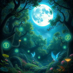 An enchanting scene featuring a radiant blue moon illuminating a mystical enchanted forest