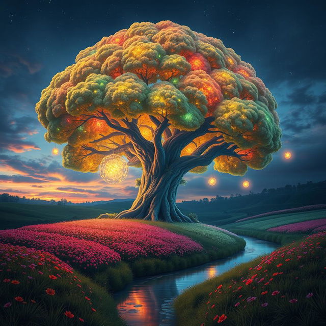 A surreal landscape featuring a gigantic, colorful tree with luminescent leaves, set against a twilight sky filled with swirling stars and clouds