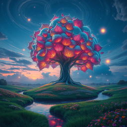 A surreal landscape featuring a gigantic, colorful tree with luminescent leaves, set against a twilight sky filled with swirling stars and clouds