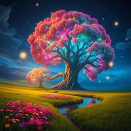 A surreal landscape featuring a gigantic, colorful tree with luminescent leaves, set against a twilight sky filled with swirling stars and clouds