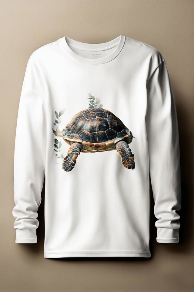 This is a digital art image of a white, long-sleeve graphic tee with a minimal turtle print