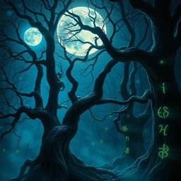 A mesmerizing scene of a blue moon illuminating a dark, enchanted forest filled with an aura of mystery and magic