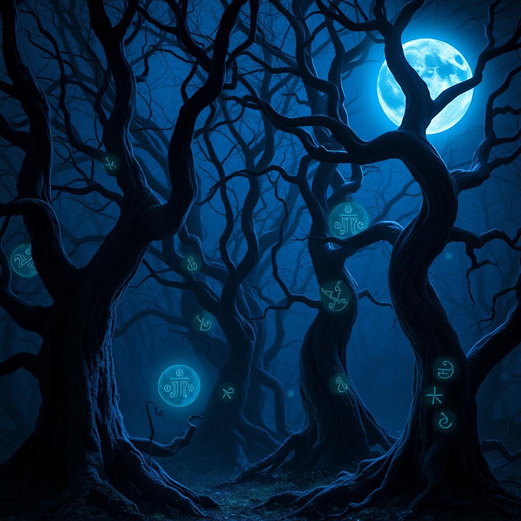 A mesmerizing scene of a blue moon illuminating a dark, enchanted forest filled with an aura of mystery and magic