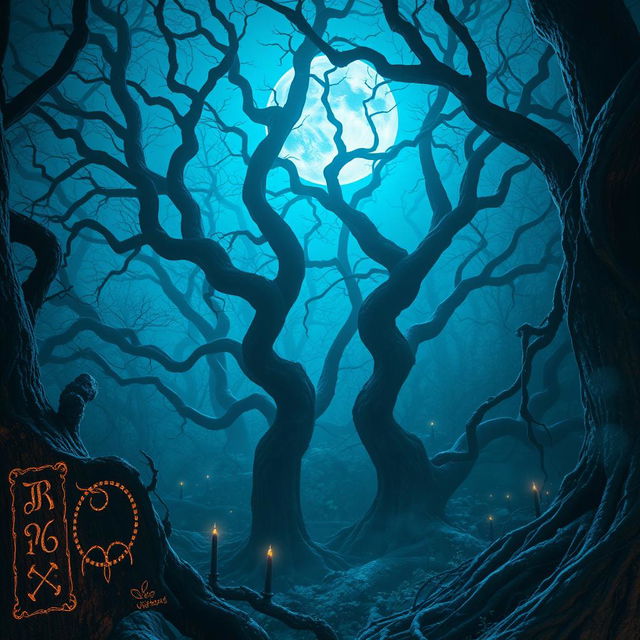 A mesmerizing scene of a blue moon illuminating a dark, enchanted forest filled with an aura of mystery and magic