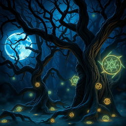 A mesmerizing scene of a blue moon illuminating a dark, enchanted forest filled with an aura of mystery and magic