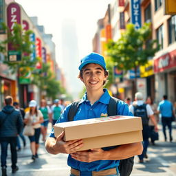 A delivery boy in a vibrant urban setting, wearing a bright blue cap and matching uniform, holding a large pizza box with a big smile on his face