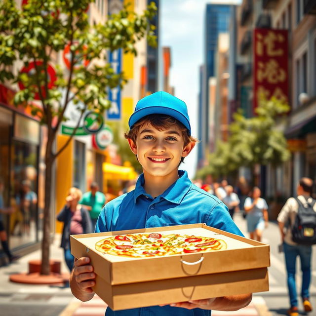 A delivery boy in a vibrant urban setting, wearing a bright blue cap and matching uniform, holding a large pizza box with a big smile on his face