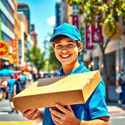 A delivery boy in a vibrant urban setting, wearing a bright blue cap and matching uniform, holding a large pizza box with a big smile on his face