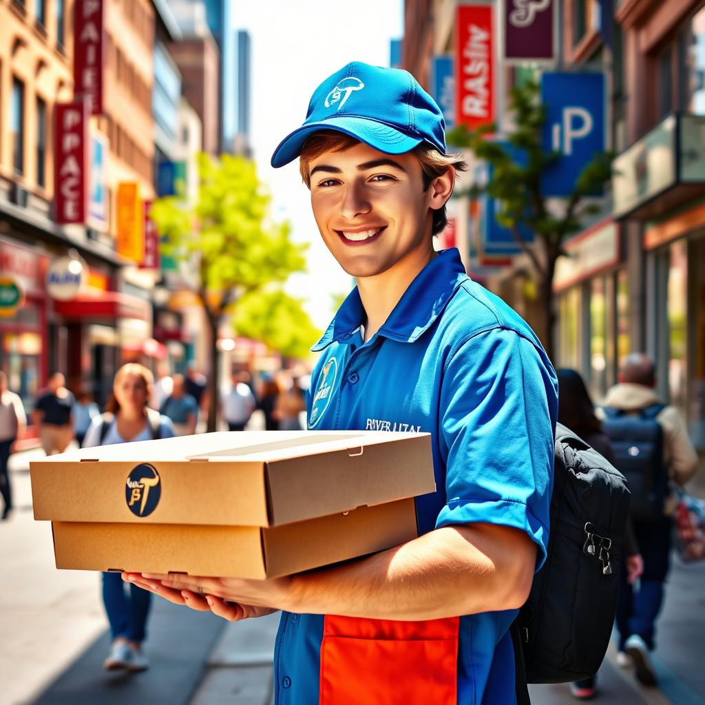 A delivery boy in a vibrant urban setting, wearing a bright blue cap and matching uniform, holding a large pizza box with a big smile on his face