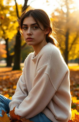 A poignant scene depicting Rania, a young woman with expressive eyes, sitting alone in a serene park surrounded by vibrant autumn leaves