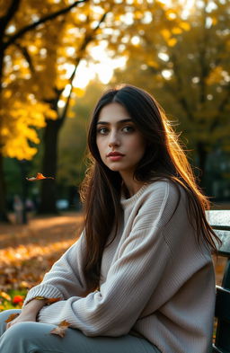 A poignant scene depicting Rania, a young woman with expressive eyes, sitting alone in a serene park surrounded by vibrant autumn leaves