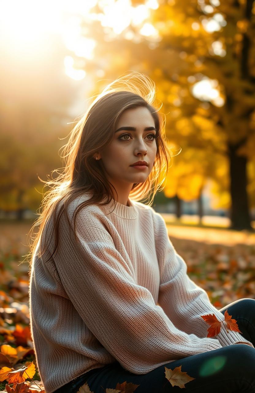 A poignant scene depicting Rania, a young woman with expressive eyes, sitting alone in a serene park surrounded by vibrant autumn leaves