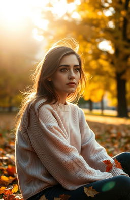 A poignant scene depicting Rania, a young woman with expressive eyes, sitting alone in a serene park surrounded by vibrant autumn leaves