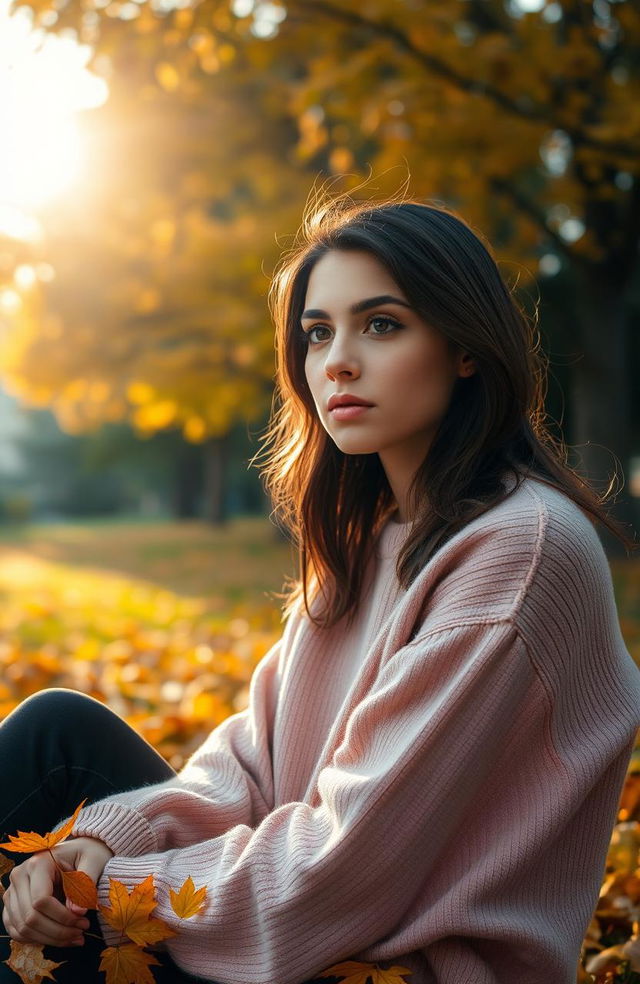 A poignant scene depicting Rania, a young woman with expressive eyes, sitting alone in a serene park surrounded by vibrant autumn leaves