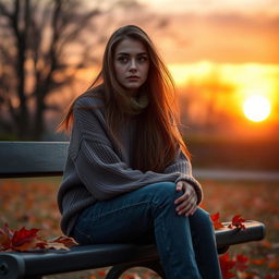 A reflective scene showcasing Rania, a young woman with long, flowing hair and expressive, deep-set eyes, sitting on a park bench during a tranquil sunset