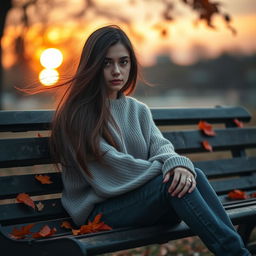 A reflective scene showcasing Rania, a young woman with long, flowing hair and expressive, deep-set eyes, sitting on a park bench during a tranquil sunset