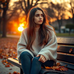 A reflective scene showcasing Rania, a young woman with long, flowing hair and expressive, deep-set eyes, sitting on a park bench during a tranquil sunset