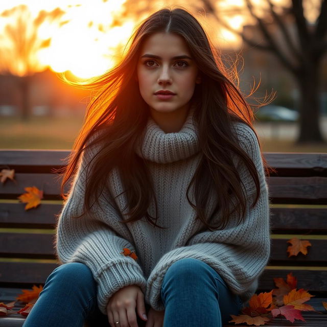 A reflective scene showcasing Rania, a young woman with long, flowing hair and expressive, deep-set eyes, sitting on a park bench during a tranquil sunset