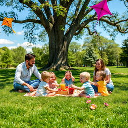 A joyful family enjoying a sunny day at the park, with children playing on the grass, a picnic set up under a large tree, the parents smiling and interacting, colorful kites flying in the blue sky, soft green grass surrounding them, vibrant flowers in bloom, a serene atmosphere of happiness and togetherness