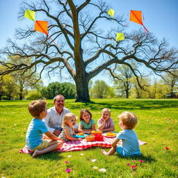 A joyful family enjoying a sunny day at the park, with children playing on the grass, a picnic set up under a large tree, the parents smiling and interacting, colorful kites flying in the blue sky, soft green grass surrounding them, vibrant flowers in bloom, a serene atmosphere of happiness and togetherness