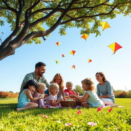 A joyful family enjoying a sunny day at the park, with children playing on the grass, a picnic set up under a large tree, the parents smiling and interacting, colorful kites flying in the blue sky, soft green grass surrounding them, vibrant flowers in bloom, a serene atmosphere of happiness and togetherness