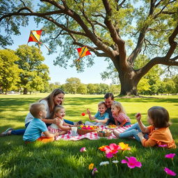 A joyful family enjoying a sunny day at the park, with children playing on the grass, a picnic set up under a large tree, the parents smiling and interacting, colorful kites flying in the blue sky, soft green grass surrounding them, vibrant flowers in bloom, a serene atmosphere of happiness and togetherness