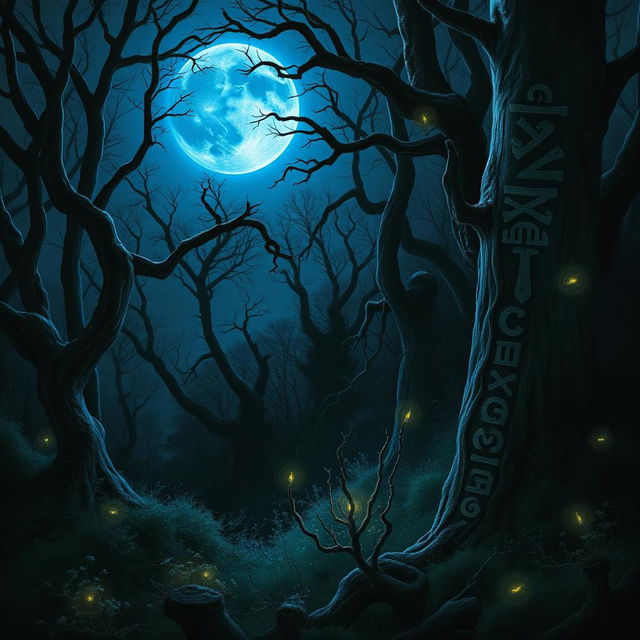 A captivating scene of a blue moon shining down on a dark, enchanted forest