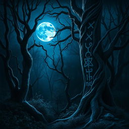 A captivating scene of a blue moon shining down on a dark, enchanted forest