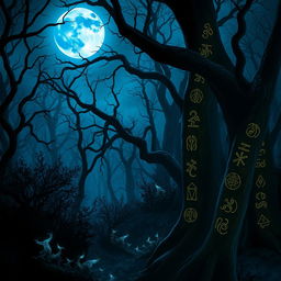 A captivating scene of a blue moon shining down on a dark, enchanted forest