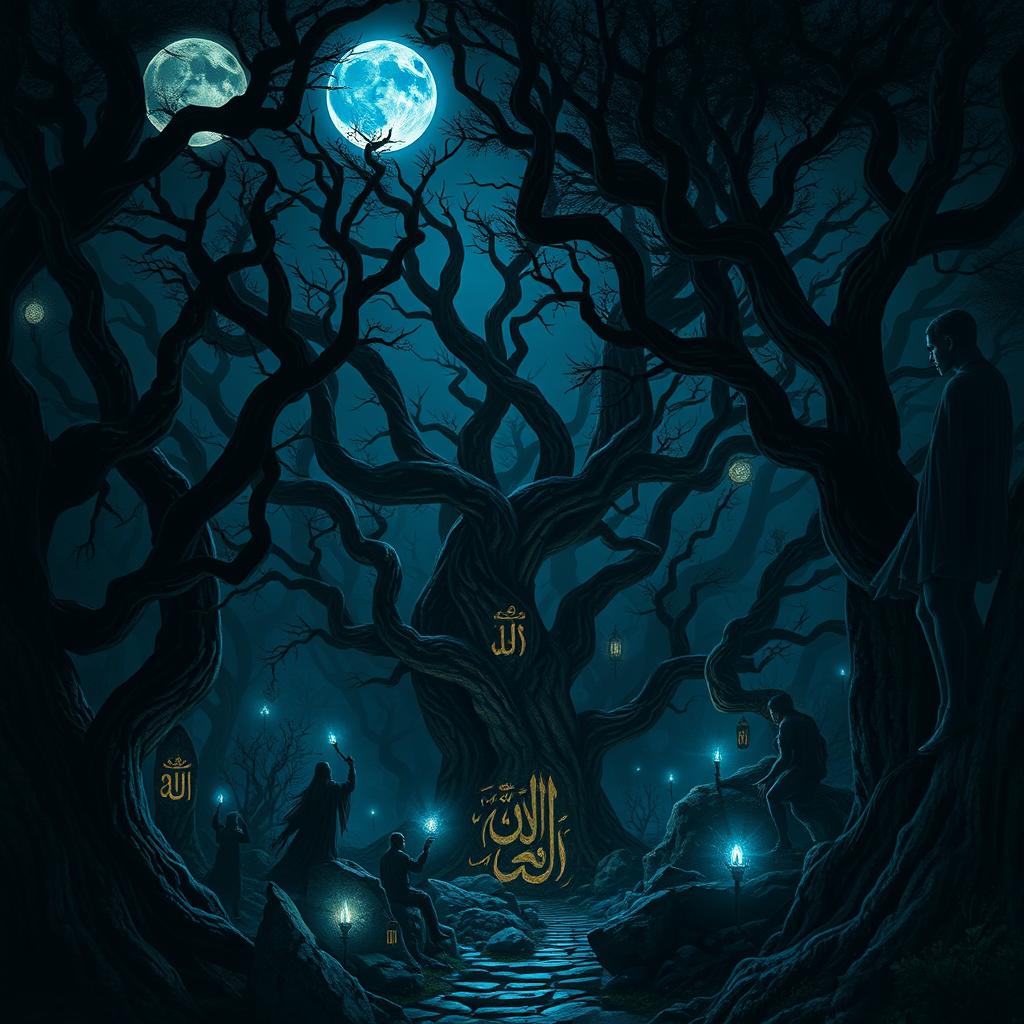 A stunning scene of a blue moon shining brightly over a dark, enchanted forest with Arabic-inspired mystical elements