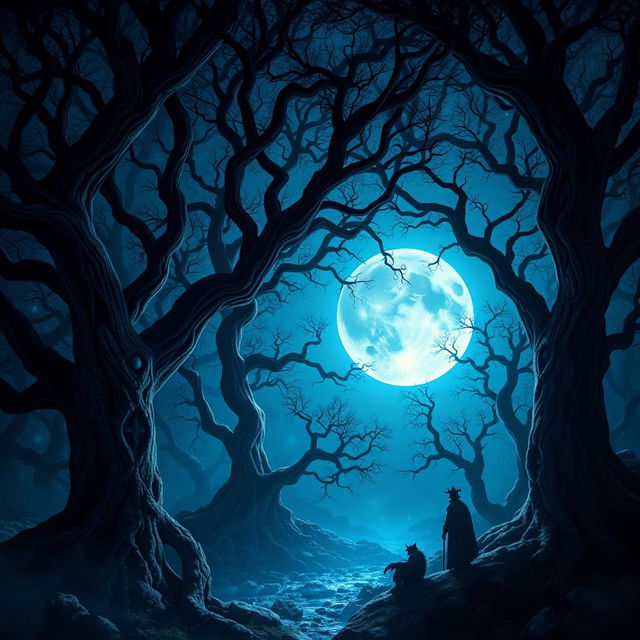 A stunning scene of a blue moon shining brightly over a dark, enchanted forest with Arabic-inspired mystical elements