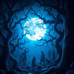 A stunning scene of a blue moon shining brightly over a dark, enchanted forest with Arabic-inspired mystical elements
