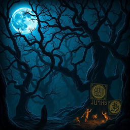 A stunning scene of a blue moon shining brightly over a dark, enchanted forest with Arabic-inspired mystical elements