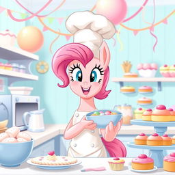 A cheerful and colorful depiction of Pinkie Pie from My Little Pony, wearing a tall white chef hat and an apron, surrounded by a kitchen filled with pastel-colored baking supplies and delicious pastries