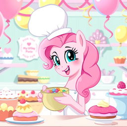 A cheerful and colorful depiction of Pinkie Pie from My Little Pony, wearing a tall white chef hat and an apron, surrounded by a kitchen filled with pastel-colored baking supplies and delicious pastries