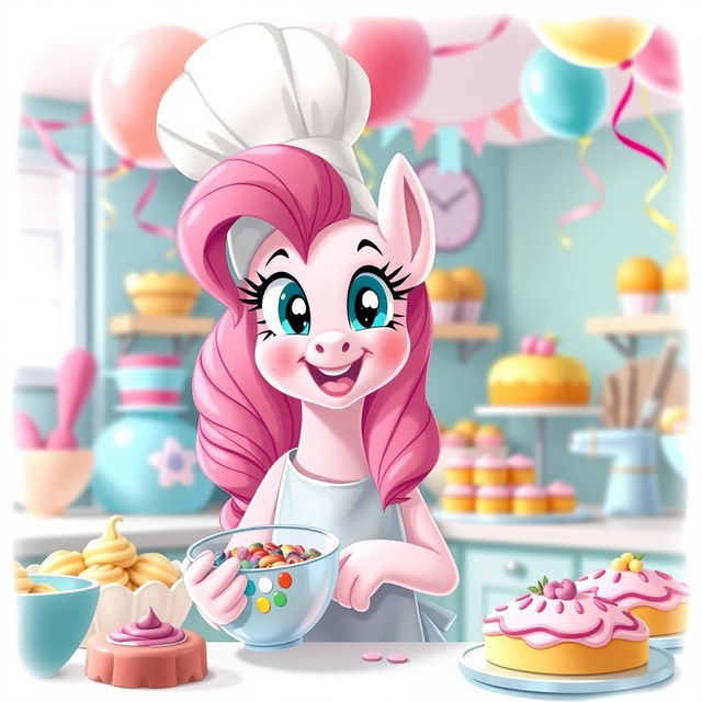 A cheerful and colorful depiction of Pinkie Pie from My Little Pony, wearing a tall white chef hat and an apron, surrounded by a kitchen filled with pastel-colored baking supplies and delicious pastries