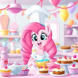 A cheerful and colorful depiction of Pinkie Pie from My Little Pony, wearing a tall white chef hat and an apron, surrounded by a kitchen filled with pastel-colored baking supplies and delicious pastries